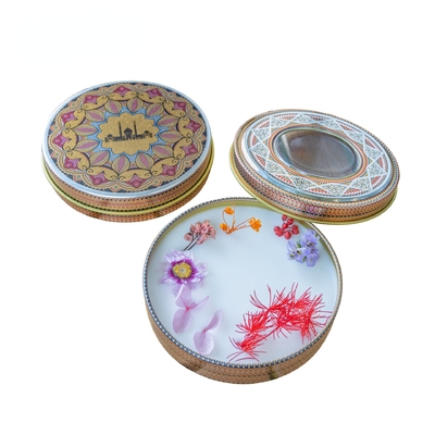 บรรจุภัณฑ์ Saffron เปล่า บรรจุภัณฑ์ รอบ Pvc Window Cookies Biscuit Metal